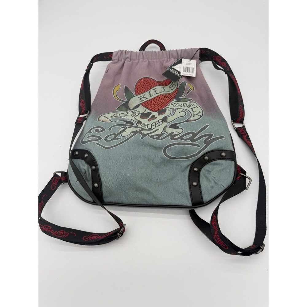 ($75 MSRP) Ed Hardy Love Kills Slowly Drawstring Backpack Rhinestone EHH384-42